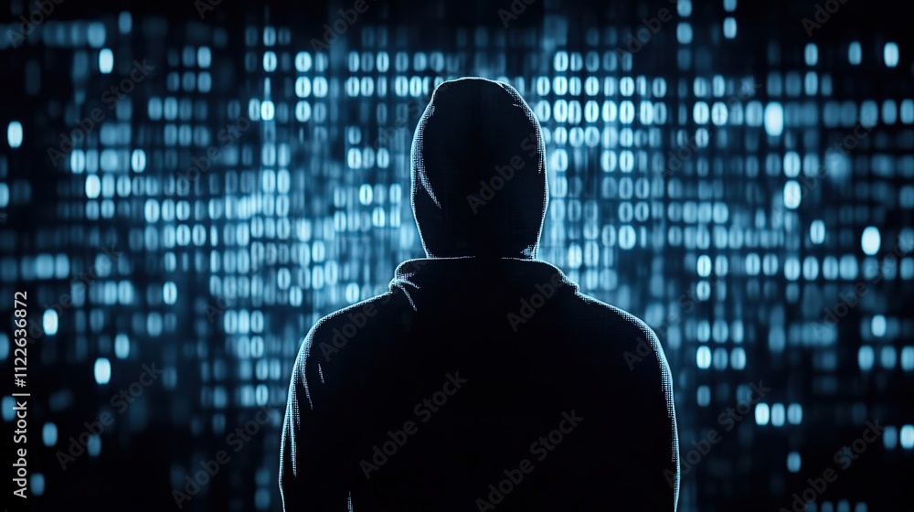 Aufkleber Mysterious Figure in Hoodie Stands Against a Background of Glowing Binary Code Representing Technology, Cybersecurity, and Data Privacy Concepts