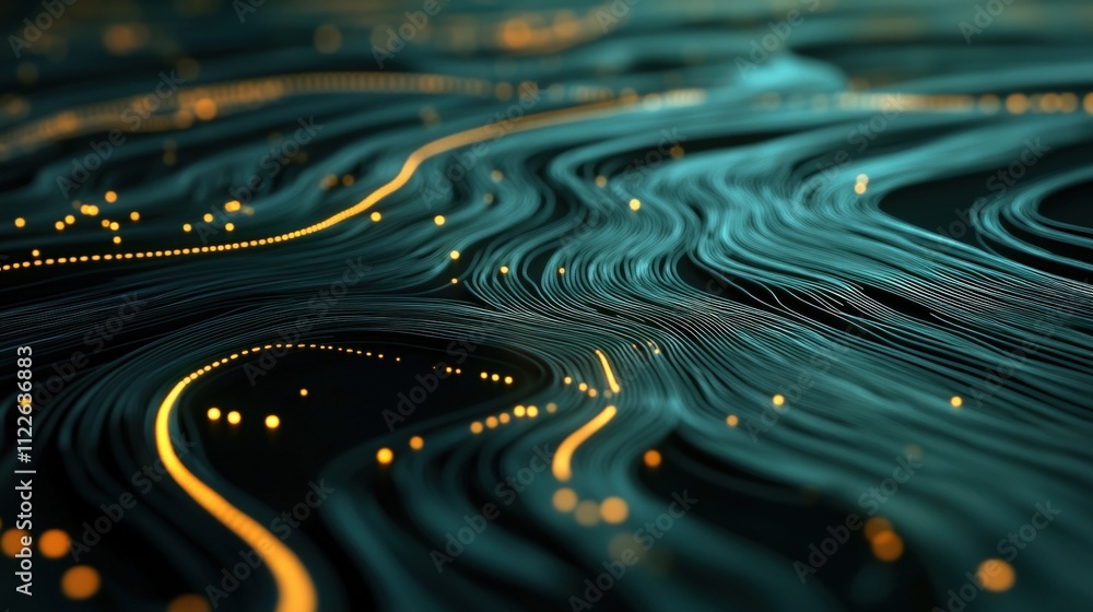 Aufkleber Abstract Flowing Lines with Glowing Dots in a Dark Background, Representing Data Streams and Connectivity in a Digital World