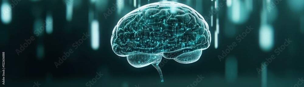 Fototapete futuristic representation of a human brain surrounded by digital elements and data streams, illustra