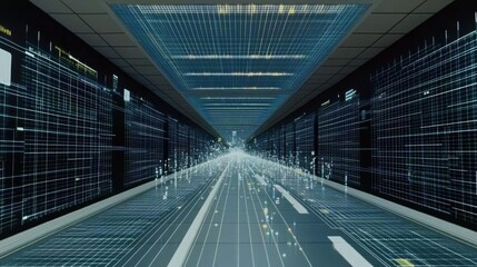A futuristic corridor filled with data streams and digital patterns.