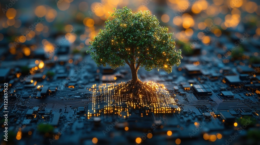 Poster glowing tree on a circuit board, symbolizing sustainable technology and nature's integration with di