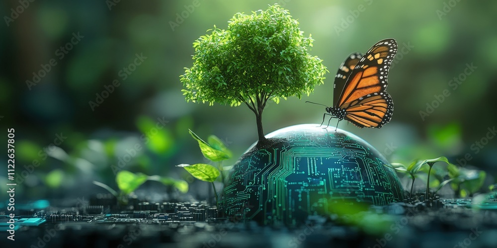 Poster a tiny tree and monarch butterfly rest on a circuit board globe, symbolizing technology's role in en