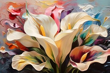 a painting of calla in abstract background , Illustration art oil painting landscape blooming lilies, Minimalist watercolor background of calla lilies
