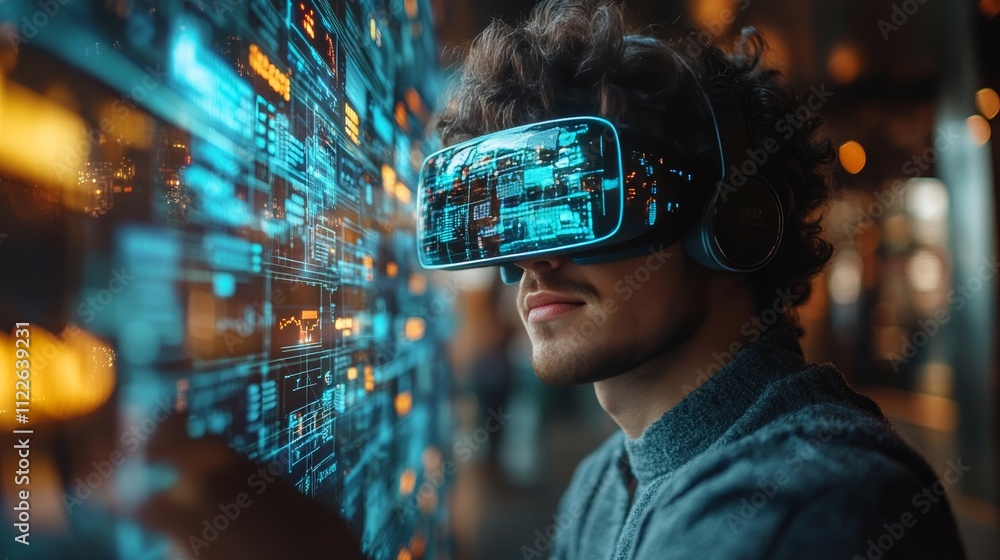 Poster young man engaged in virtual reality with data visualization background