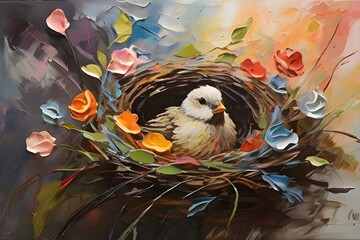 a painting of bird in nest, Adorable cartoon style of a small blue bird sitting in a cozy nest made of twigs and branches rendered in a pastel watercolor painting technique.