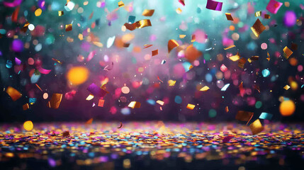 Colorful confetti falls in front of colorful lights bokeh background street party scene, carnival celebration, party, new years, mardi gras, holiday concepts -- no people.	