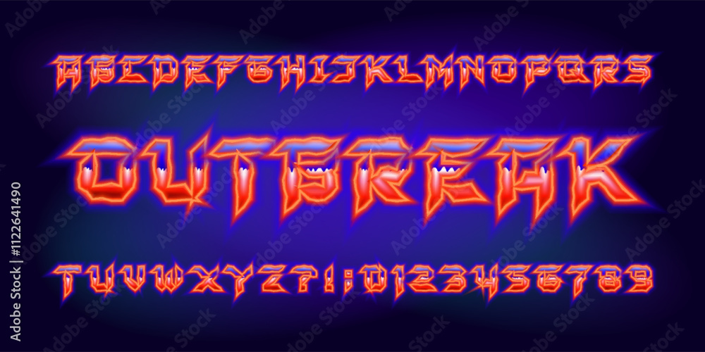 Poster outbreak alphabet font. colorful neon letters and numbers in heavy metal style. retro typescript for