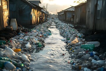 Houses surrounded by plastic, bottles covering streets, evoke sadness and highlight sustainability challenges. Ideal for campaigns focused on reducing plastic waste and environmental conservation.