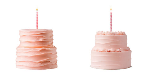 Two elegant pink tiered cakes, each topped with a candle, showcasing distinct frosting designs and textures, white background, transparent background.