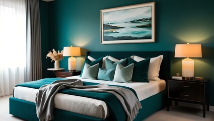 A luxurious bedroom with a plush green velvet headboard, matching chairs, and a chandelier. inimalist interior design style, futuristic home office, sleek furniture, state of the art technology