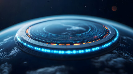 futuristic electronic climate controller hovers above Earth, showcasing advanced technology with glowing blue lights and intricate designs. scene evokes sense of innovation and exploration