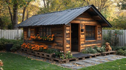 Rustic wooden garden shed with fall flowers and dog.