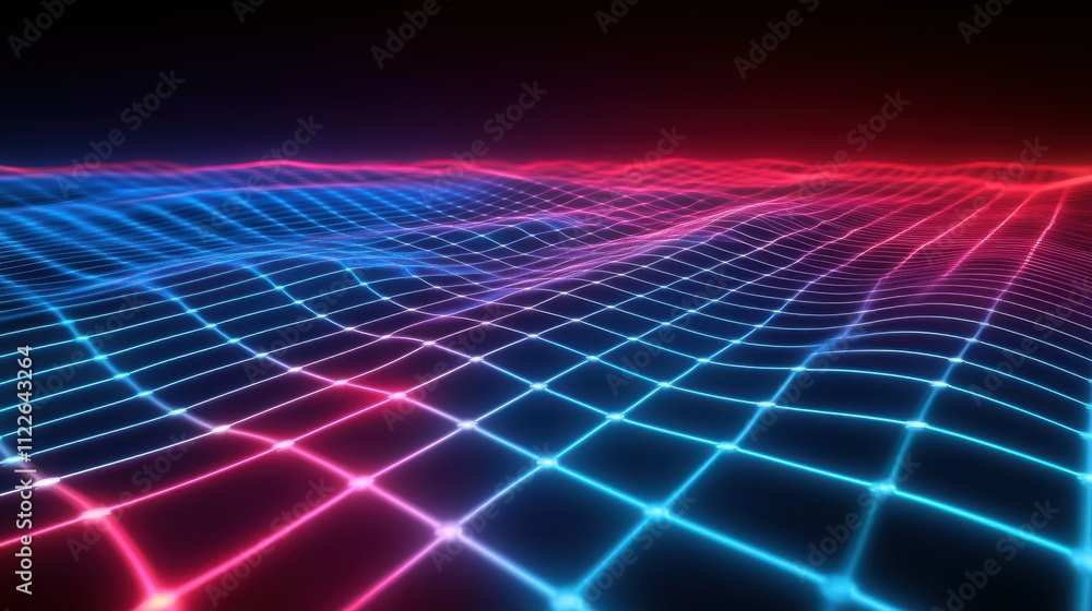 Aufkleber neon grid pattern with blue and red waves in dark background