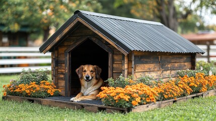 Happy dog relaxing inside a wooden dog house surrounded by orange flowers in a garden.