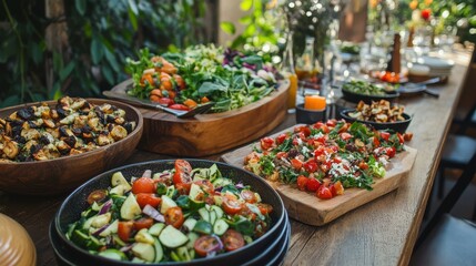 Fototapeta premium Vibrant and Fresh Salad Table with Colorful Ingredients and Decor