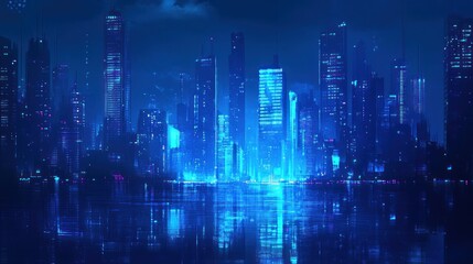 Futuristic cityscape at night, reflected in water, glowing blue lights. (1)