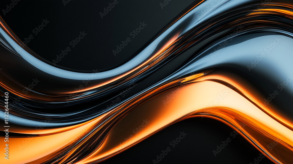 Poster elegant abstract flowing curves in black and orange tones, creating a modern and dynamic composition