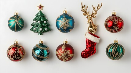 Christmas Ornament Flat Lay: A festive arrangement of Christmas ornaments, including baubles, a mini Christmas tree, a golden reindeer, and a Santa stocking.