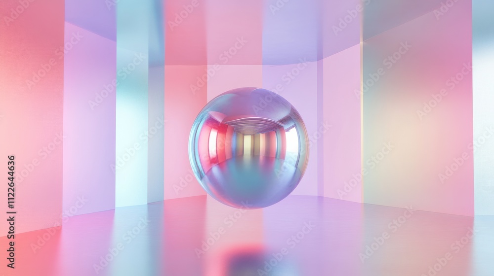 Poster iridescent sphere in abstract colorful room with soft lighting