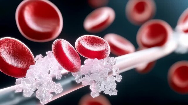 Concept of complications of diabetes, high blood sugar. Close-up image showing red blood cells affected by sugar crystals, illustrating the impact of sugar on health and cellular structure.