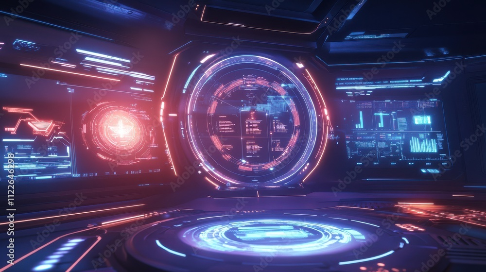 Poster futuristic control room interface with neon color schemes and displays