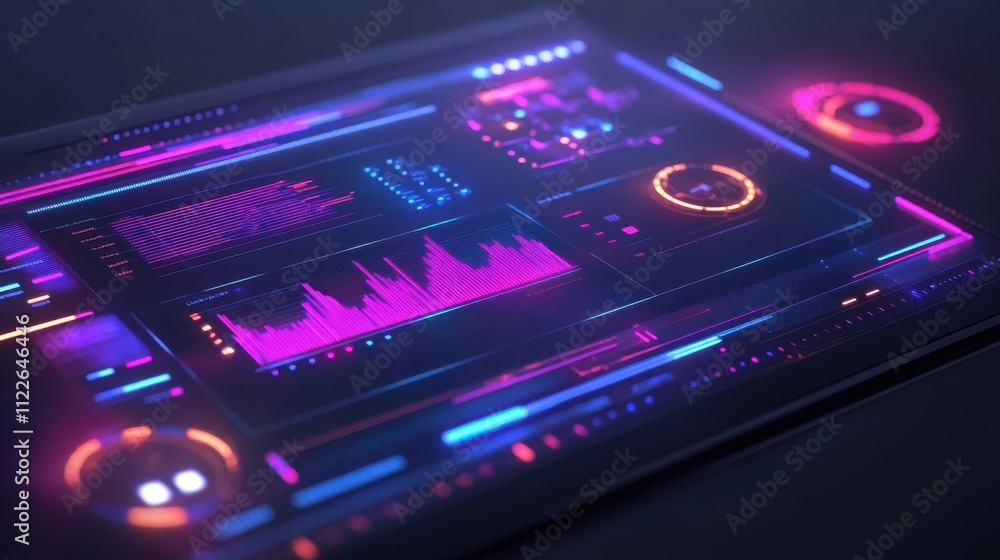 Poster futuristic user interface with colorful neon elements and data visuals