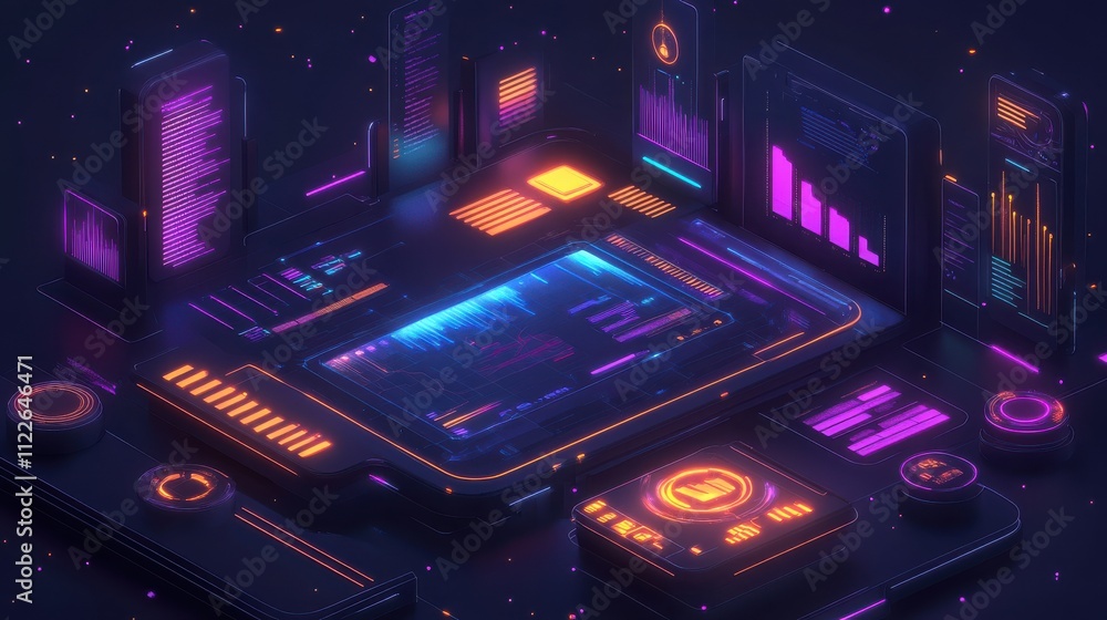 Poster futuristic data visualization interface with neon elements and charts