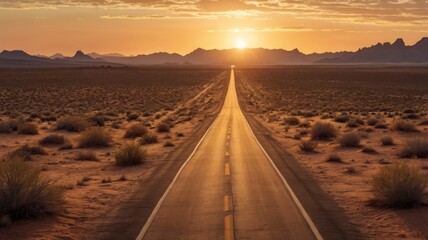 Fototapeta premium The open road through a desert at sunset