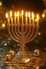 Fototapeta premium Illuminated Menorah with Burning Candles on a Pile of Gold Coins - Symbol of Hanukkah, Jewish Holiday