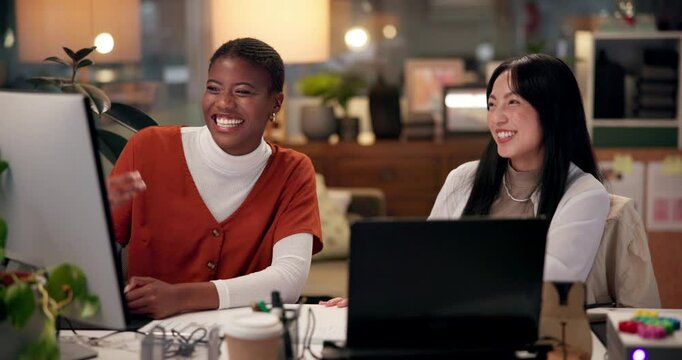 Women, office and happy with secret handshake on computer for success and achievement as graphic designer. People, employees and fist bump at night with project completion, deadline and submission
