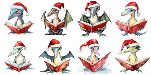 Naklejka premium Adorable Pteranodon Dinosaurs Reading Books in Santa Hats - Eight charming watercolor illustrations of Pteranodons wearing Santa hats and reading books. Symbolizes Christmas, learning, cuteness, dinos