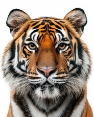 Obraz premium Majestic Close-Up Portrait of a Sumatran Tiger, Intense Gaze, White Background