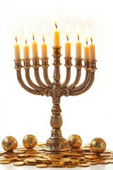 Fototapeta premium Illuminated Menorah with Burning Candles on a Pile of Gold Coins and Dreidels - Hanukkah Symbol