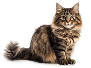 Obraz premium Adorable Long-Haired Tabby Cat Sitting, Isolated on White Background - Studio Photography of Fluffy Pet