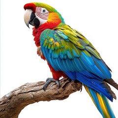Fototapeta premium Vibrant Scarlet Macaw Perched on a Weathered Branch - Isolated on White Background.