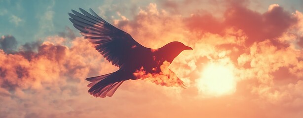 Fototapeta premium Double Exposure Inspirational, Double Exposure of Bird in Flight with Dramatic Clouds