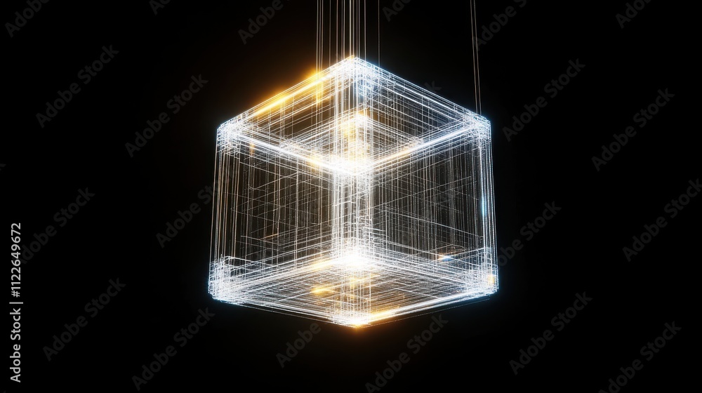 Poster ethereal wireframe cube floating in dark space with bright highlights