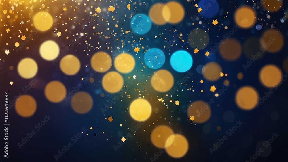 Poster abstract background with golden bokeh lights on a dark blue backdrop, creating a magical atmosphere.