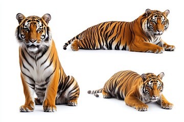 Obraz premium Majestic Bengal Tiger in Three Poses Sitting, Lying Down, and Low Crawl - High-Resolution Stock Photo