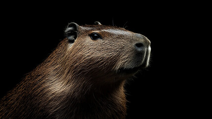 Close-up of a capybara against a dark background, highlighting its unique features.