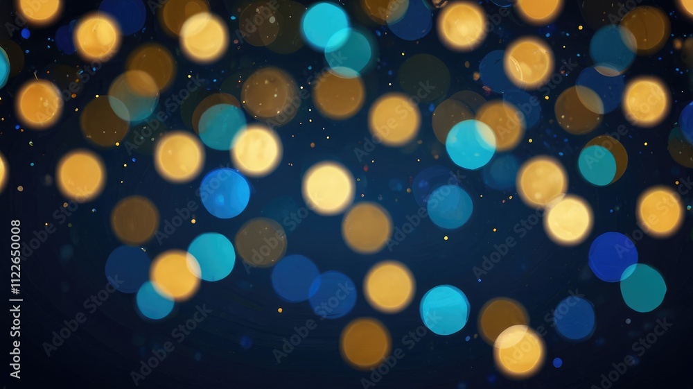 Poster abstract background with golden bokeh lights on a dark blue backdrop, creating a magical atmosphere.