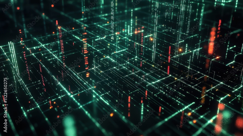 Poster abstract digital landscape with neon lights and data patterns