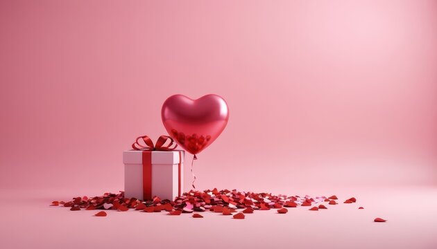 Valentine's day gift box and heart chape balloon in a pink background