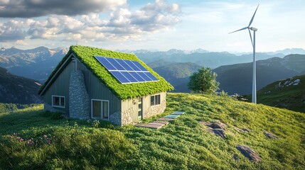Obraz premium Eco-friendly house with solar panels and wind turbine.