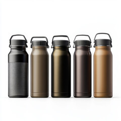 A collection of five stylish water bottles in varying colors and finishes, ideal for hydration on...