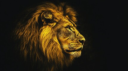 Fototapeta premium An image made using only the same shade of golden yellow of a lion against a black background. The lionâ€™s powerful mane and regal posture radiate strength and authority