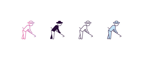 farmer hoeing gradient, line, filled, colored icon. editable vector from farming and gardening concept. four different style farmer hoeing icon isolated on white background