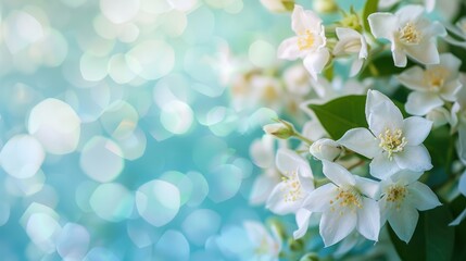 Fototapeta premium White jasmine flowers on a blue background with a soft focus bokeh light dreamy