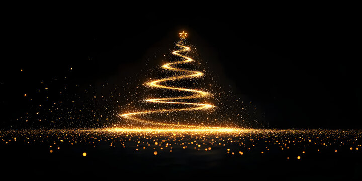 A minimal outline of a Christmas tree with subtle golden lights on black background.