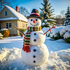 A cheerful snowman standing in a snowy yard, decorated with a carrot nose,